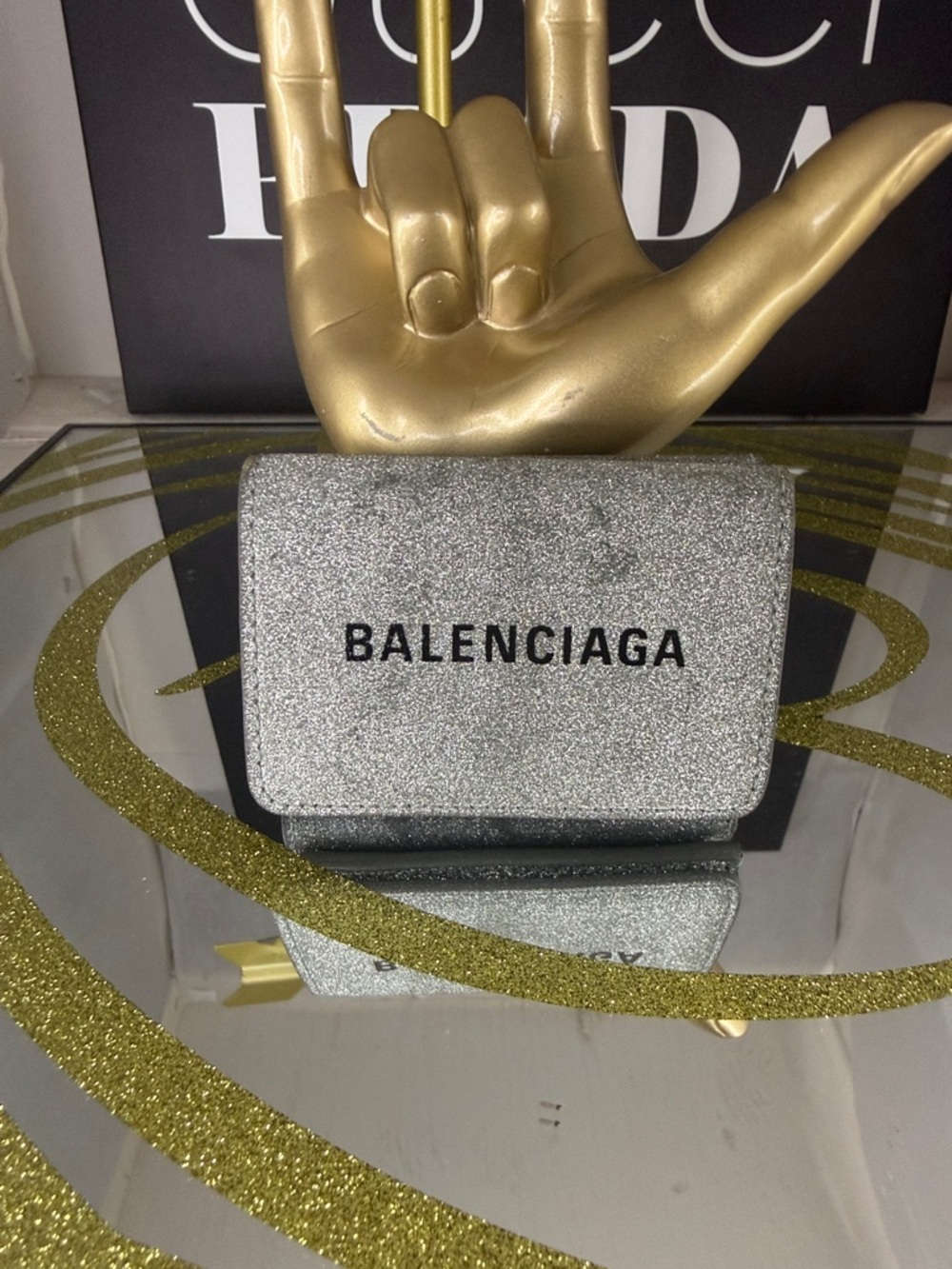 Balenciaga Silver Glitter Mini Wallet with Black Logo
